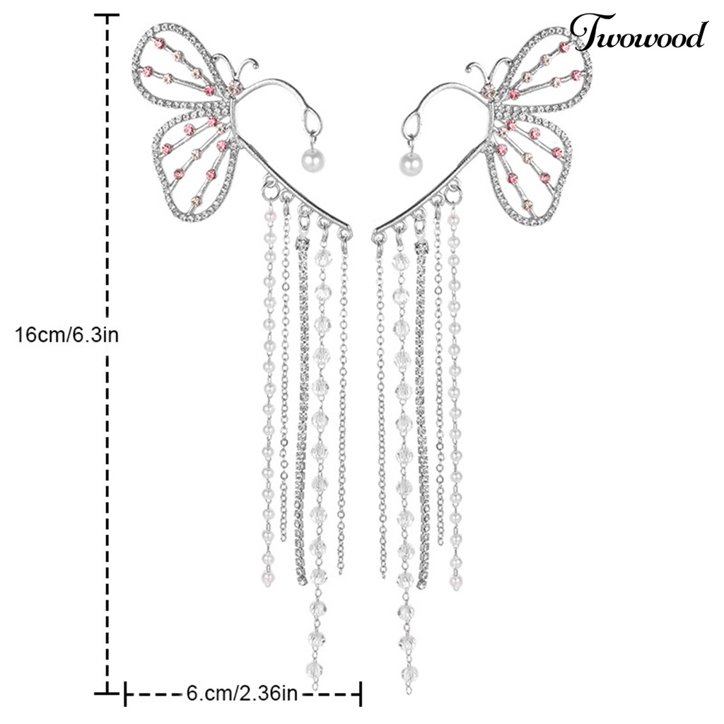 Twowood 1Pc Mutiara Imitasi Dekorasi Tanpa Tindik Panjang Telinga Manset Wanita Elegan Berlian Imitasi Bentuk Kupu-Kupu Rumbai Anting Perhiasan Aksesoris