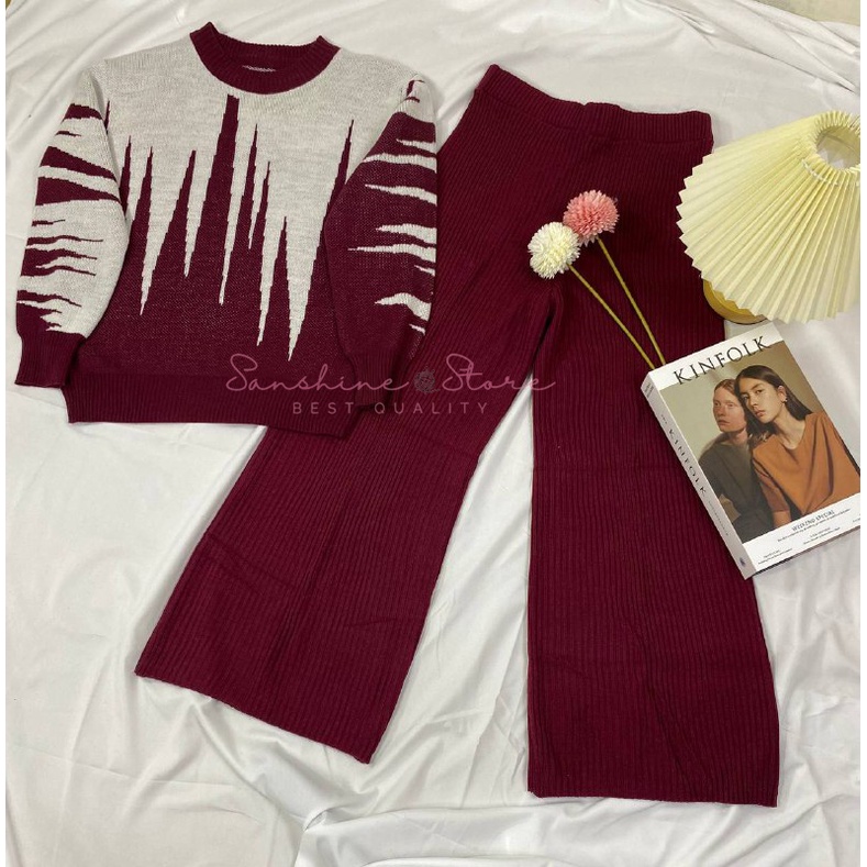 One Set Setelan Wanita Rok Dan Kulot Cardigan Sweater Rajut Warna Maroon