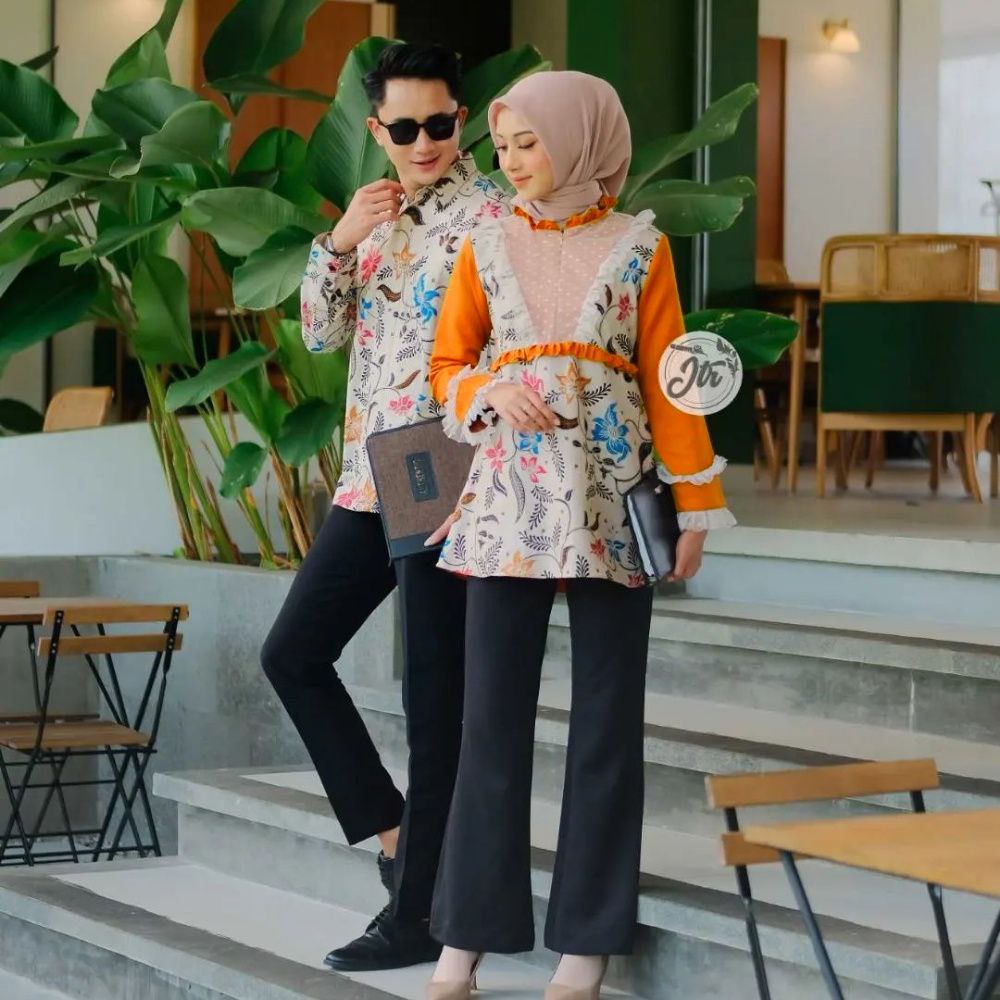 Couple Batik Keluarga Blus Tutu Motif Teratai Kombinasi Crep Premium