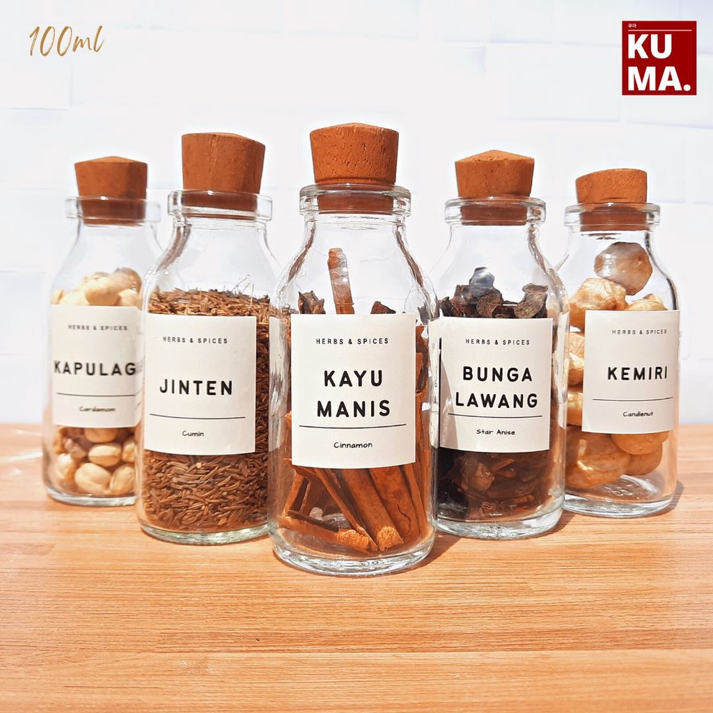 KUMA Botol Bumbu Dapur 100ml Bahan Kaca Free Stiker Spice and Herb Glass Bottle Aesthetic Organizer Kitchen Toples