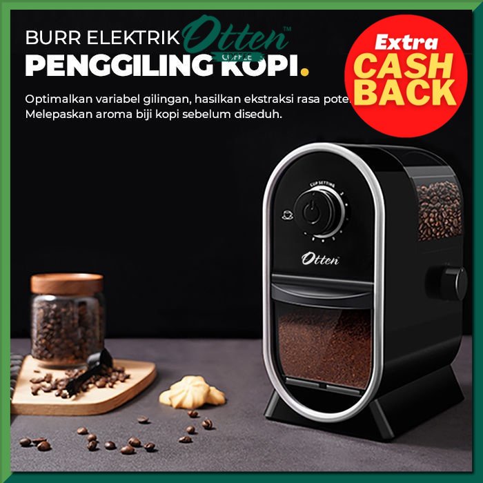 Otten - Mesin Penggiling Biji Kopi Flat Burr (Black) - Electric Coffee Bean Grinder