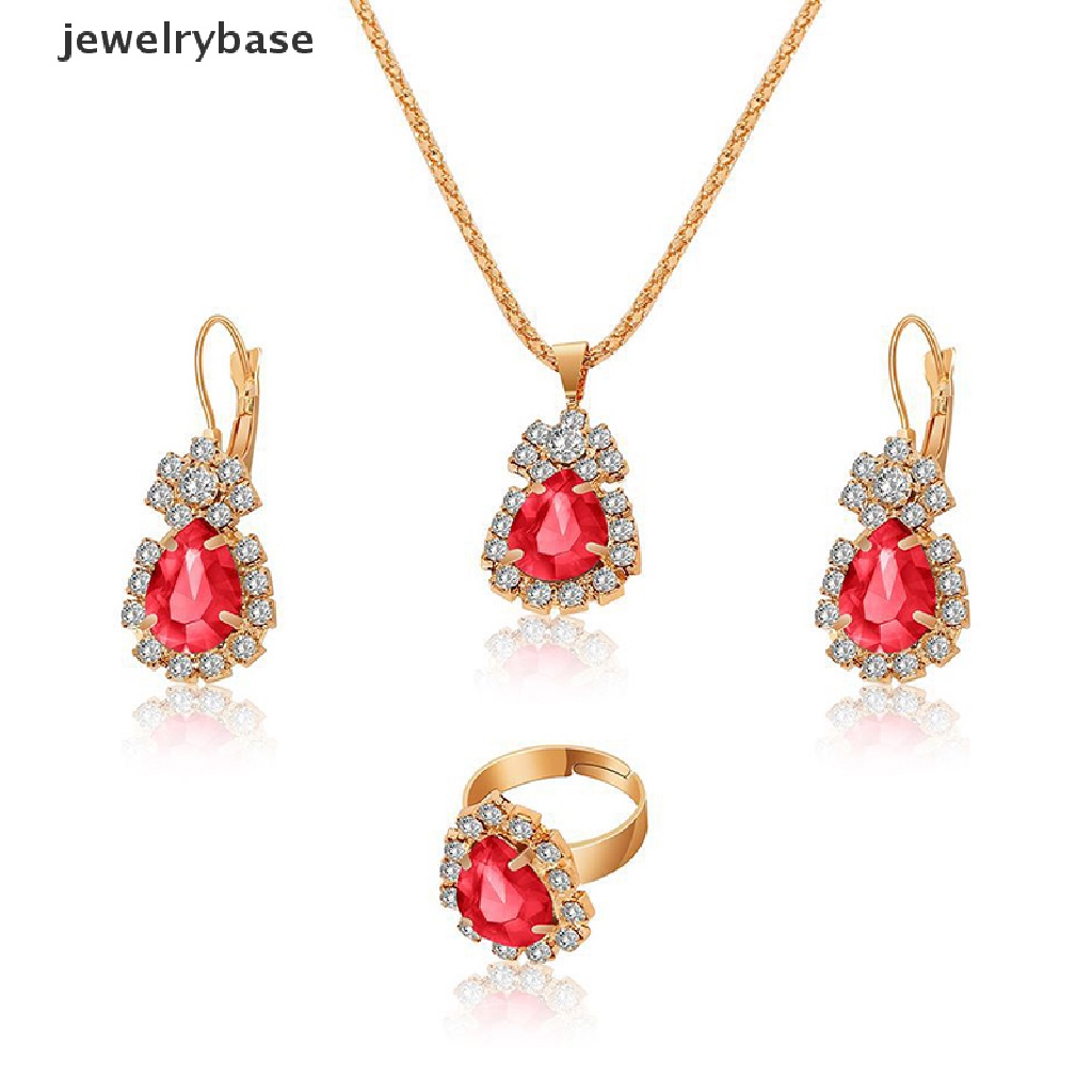 [jewelrybase] Fashion Eropa Amerika Perhiasan Liontin Anting Cincin Set Pengantin Dekorasi Hadiah Tetesan Air Berlian Kalung Anting Cincin Set Butik