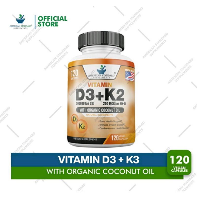 Vitamin D3 5000 IU + K2 200 mcg, Vitamin D3 K2, Vitamin K2 D3 120VCaps