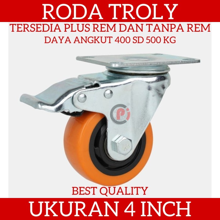 Roda Nylon PU Untuk Troli Ukuran 4 Inch Ada Rem / Polos Swivel Kastor