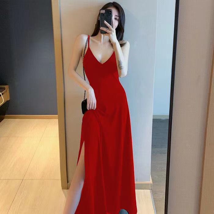 RSB DR358 Baju Long Dress V Neck Wanita Shoulder Korean Fashion