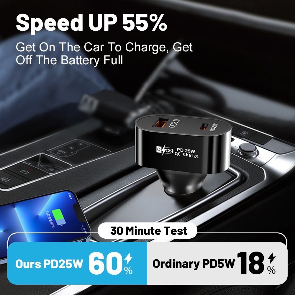 25w PD Charger Mobil USB Type C Fast Charging Car Phone Adapter Di Mobil Untuk i-Phone14 13 Android QC3.0+PD Dual-Line Quick Charger