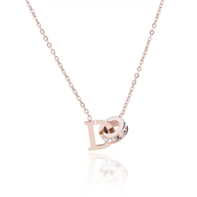 Kalung Cincin Berlian | Kalung Rantai Dengan Liontin Cincin Ganda Motif Tulisan Untuk Wanita | Aksesoris Bahan Stainless Steel 18 Warna Rose Gold Untuk Wanita