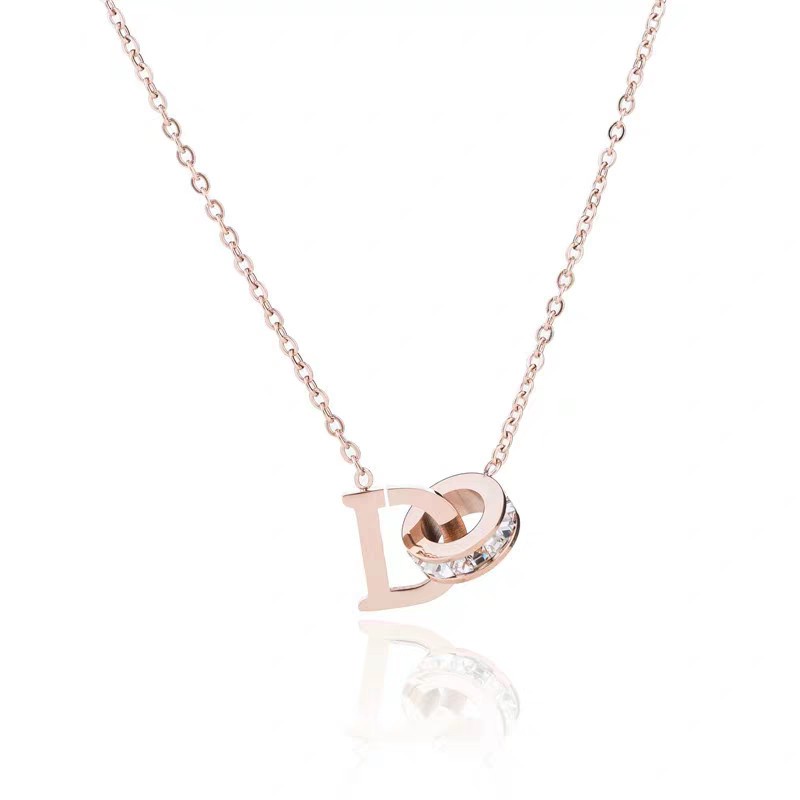 Kalung Cincin Berlian | Kalung Rantai Dengan Liontin Cincin Ganda Motif Tulisan Untuk Wanita | Aksesoris Bahan Stainless Steel 18 Warna Rose Gold Untuk Wanita