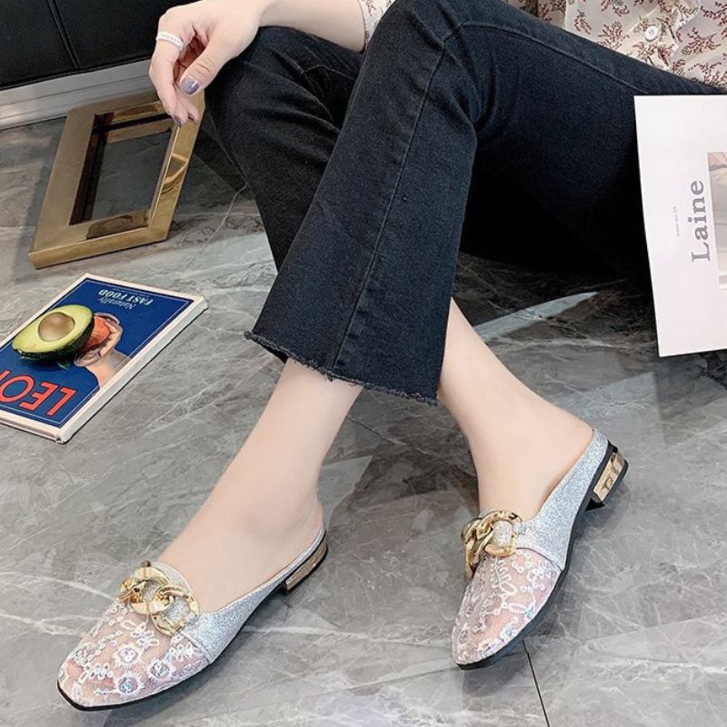 DDS23547 Sepatu Slop Wanita Fashion Import Sandal Mules Retro Chain Beryl Slip On Bisa COD (With Box)