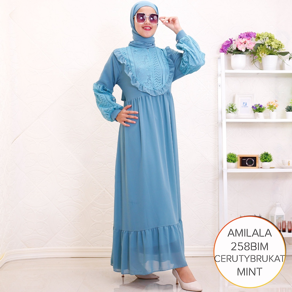 Gamis Busui Ceruty Brukat Ruffel Depan Lengan Balon Amilala D  2