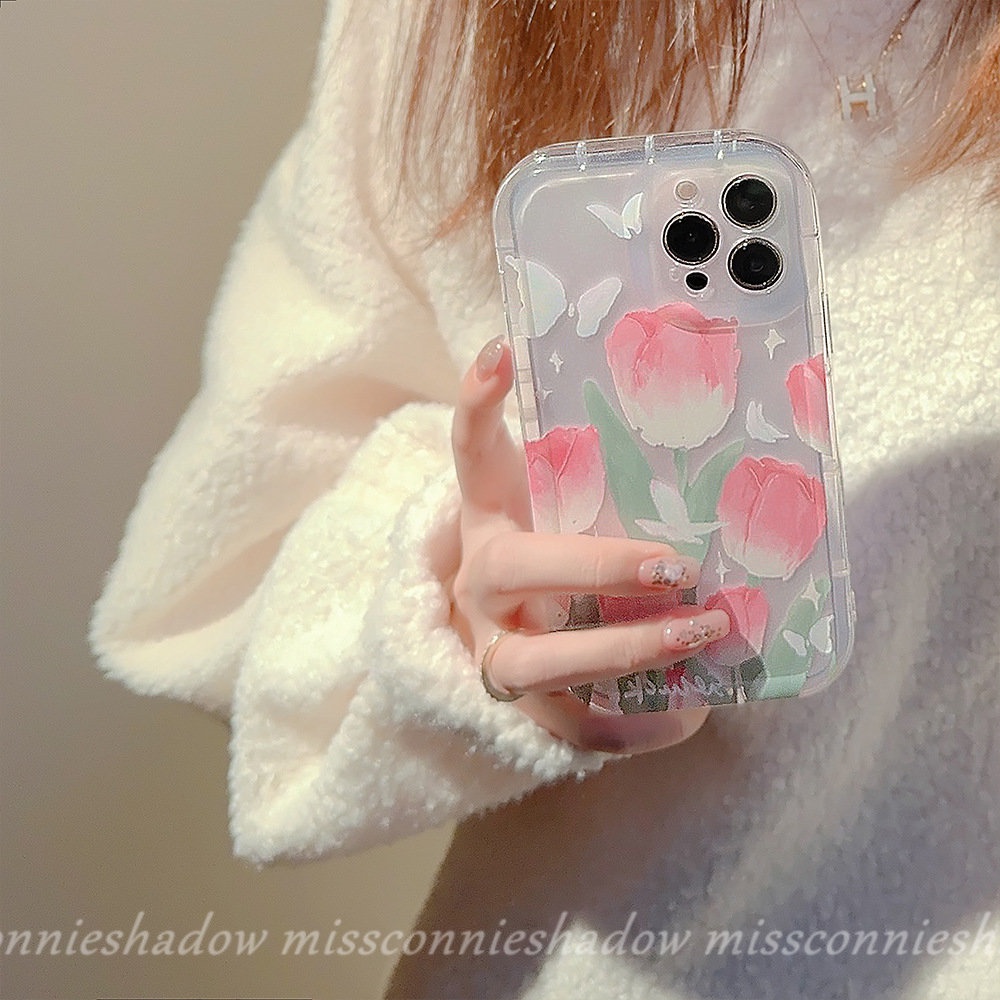 IPHONE Fashion Ins Korea Lukisan Minyak Tulip Case Kompatibel Untuk Iphone11 13 12 14 Pro Max 7Plus 8Plus XR 6 6s 8 7 Plus X XS Max SE 2020 Fresh Spring Flowers Shockproof Airbag Soft Cover