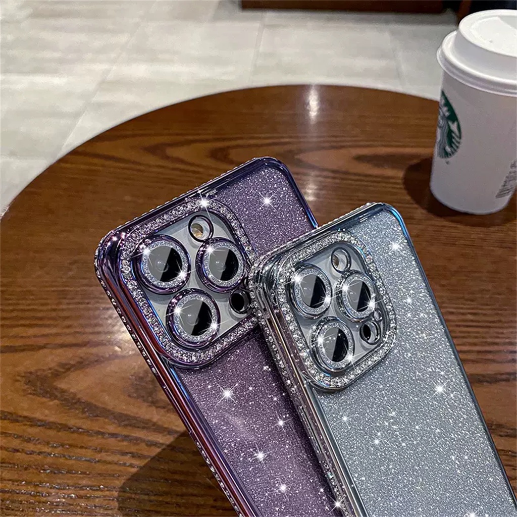 Luxury Diamond Glitter Case Iphone13 12 Pro Max Case iPhone 14 ProMax Plus Kamera Perlindungan Lensa Case Tertutup Penuh shock-proof Lembut Penutup Belakang