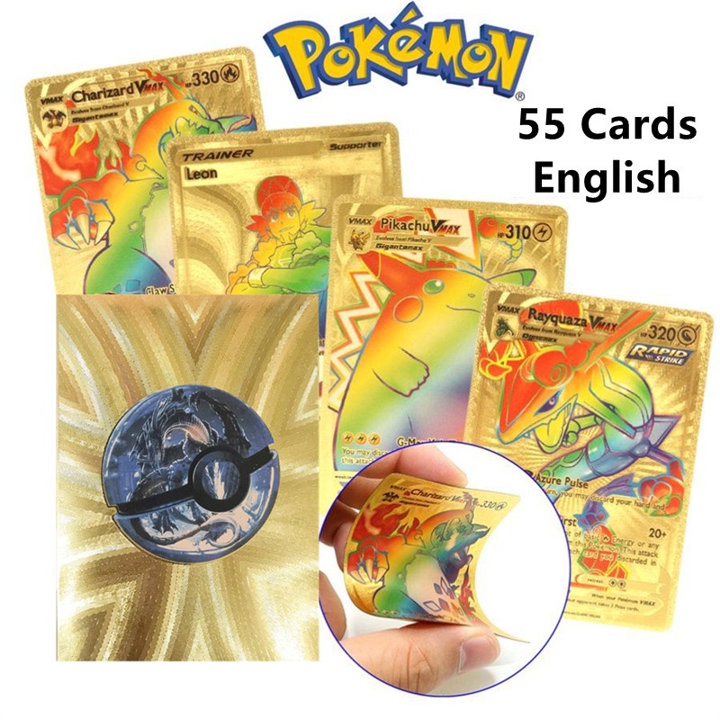 55pcs/box Kartu Rainbow Pokemon Gold Vmax GX EX Silver Hitam Flash Card English Battle Trainer Booster Game Cards