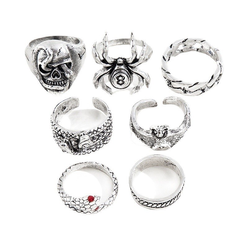 [X C Perhiasan] 7 Pcs / Set Ular Laba-laba Kelelawar Kelelawar Panjang Kepala Ular Terbuka Cincin Stainless Steel Vintage Perhiasan Fashion Pria dan Wanita