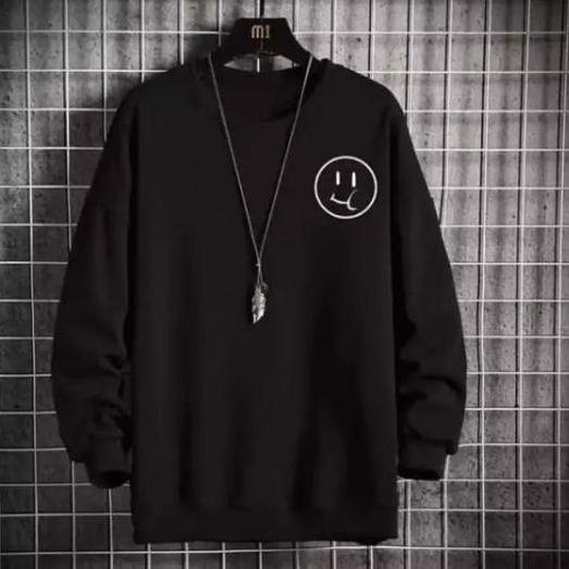 CN Motif Smile Hitam Putih Cream Pria Wanita Sweter Crewneck Distro Cowok Cewek Keren Kekinian Basic