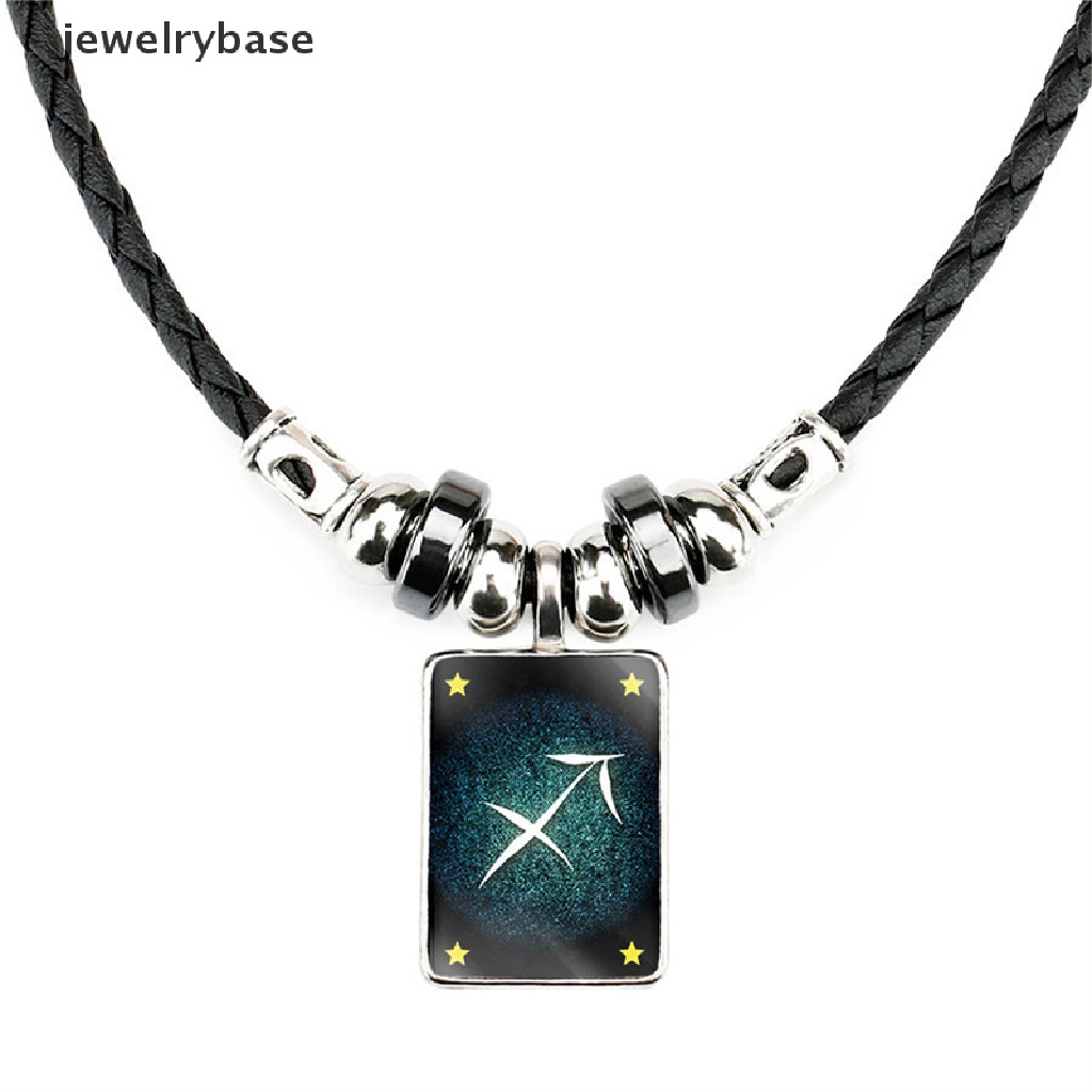 [jewelrybase] Punk Rock Pria Perhiasan Liontin Kalung Vintage Bercahaya12Rasi Rasi Bintang Hitam Cord Kulit Liontin Kalung Butik