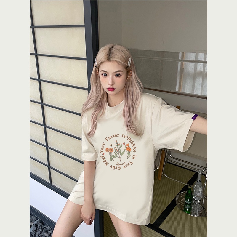 American Vintage Lengan Pendek T-shirt/Oversize Flower Pattern Print Kaos Korean Style Kekinian Baju Wanita