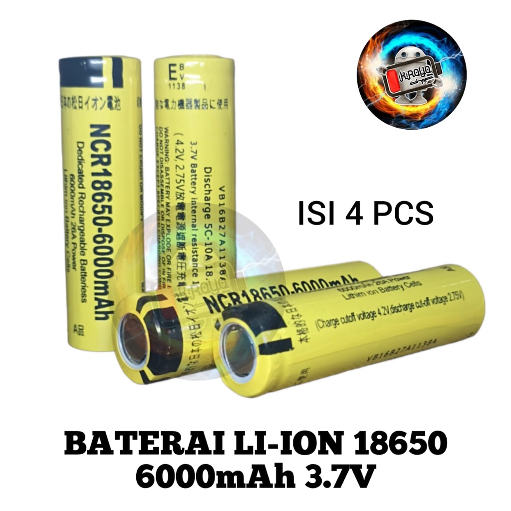 Baterai Charger/ Baterai Cas Tipe Li-ion NCR 18650 Li-ion 3.7V-6000mAh Flat Top Isi 4 Buah