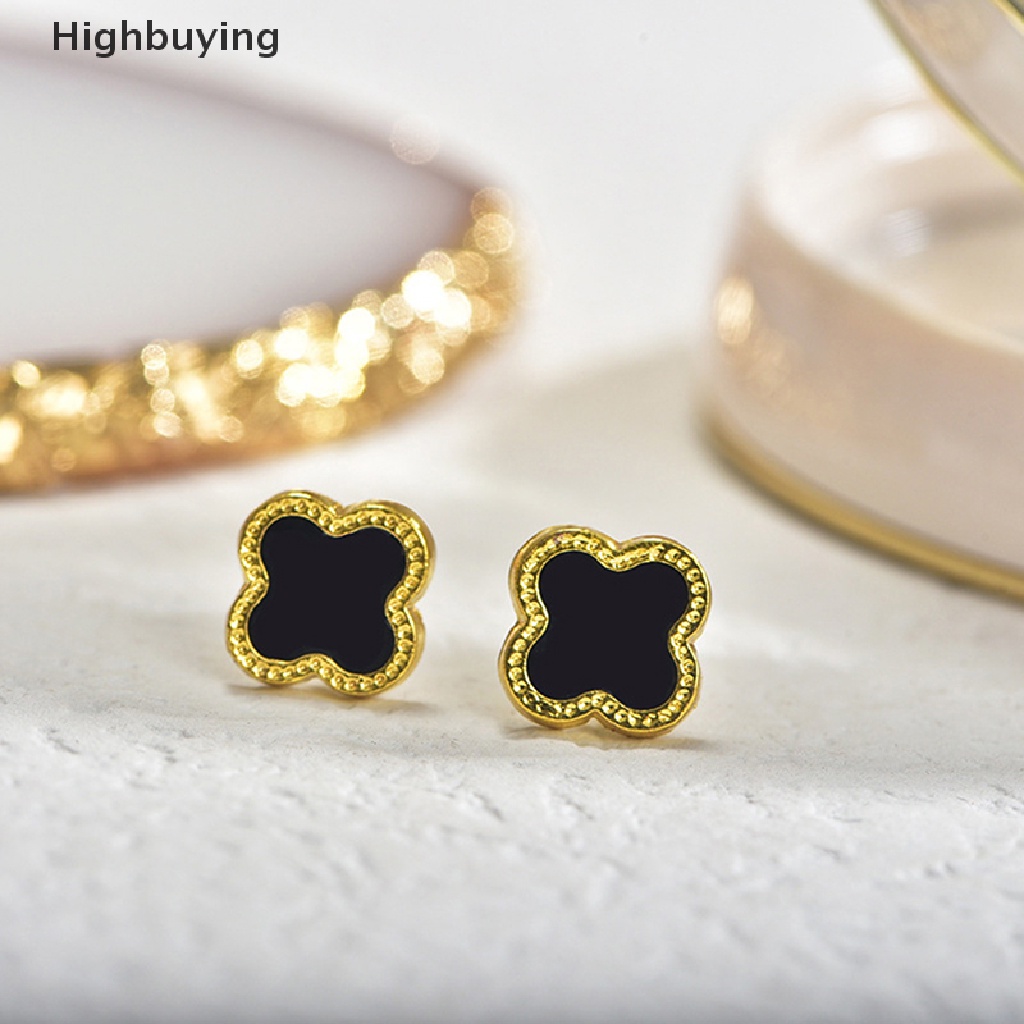 Hbid 1pasang Anting Semanggi Empat Daun Temperamen Hitam Sederhana Universal Stud Earring Set Untuk Wanita Sederhana Elegan Lucu Perhiasan Aksesoris Glory