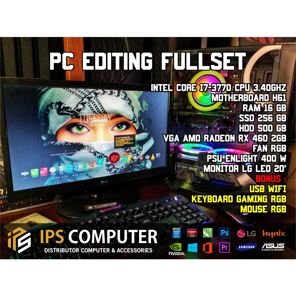 PC Editing Fullset Intel Core I7 Ram 16 GB VGA AMD RX 460 2 GB DDR5