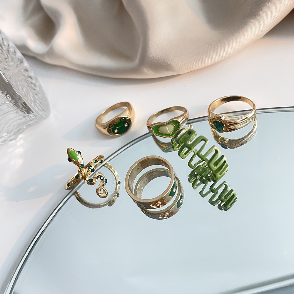 Gadis Indah Bertatahkan Cincin Bunga Berlian, Jantung Persik, Katak Tetes Minyak Bertatahkan Berlian Cincin Ular, Set 6-piece