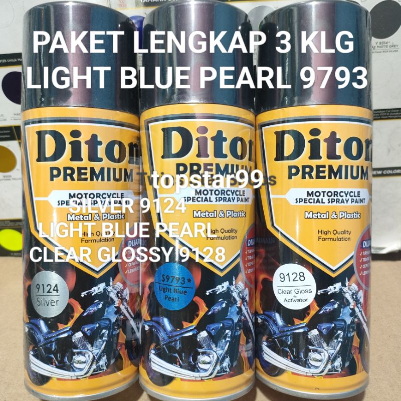 Diton Premium Paket Lengkap 3 Kaleng 400cc Biru Mutiara Light Blue Pearl 9793 Silver 9124 Clear Glossy 9128 Pilox Pilok Cat Semprot Spray Paint