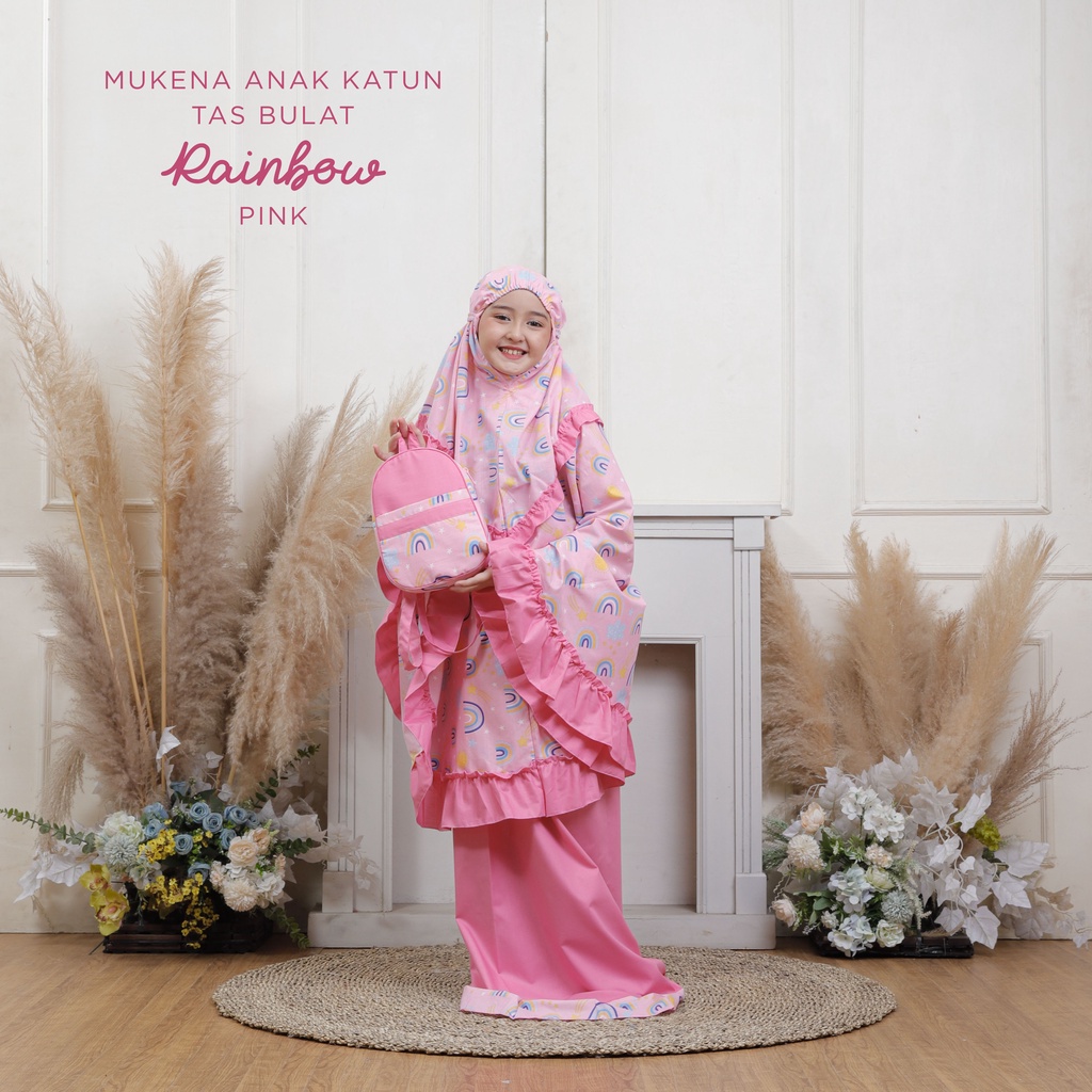 MUKENA BALI TASIK - MUKENA ANAK KATUN MOTIF RAINBOW PINK (TAS BULAT)