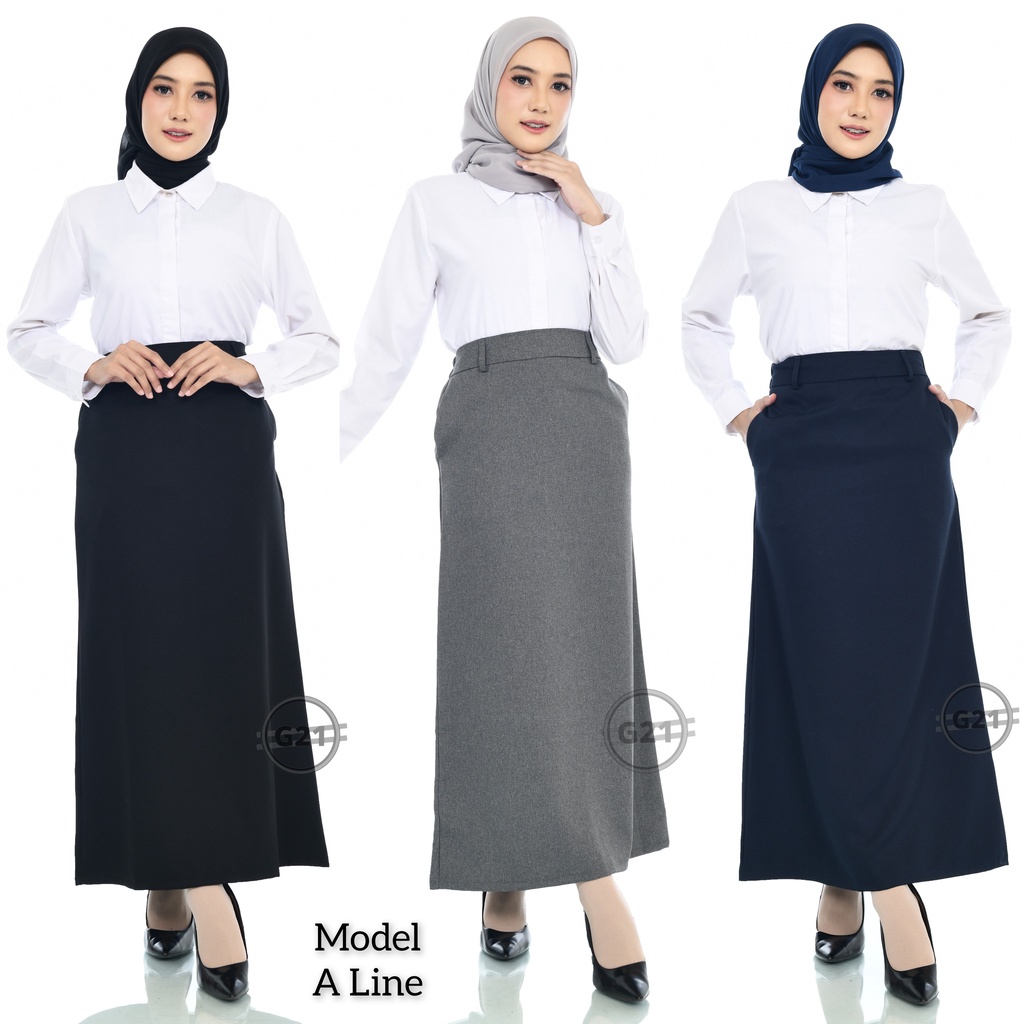 Rok Kerja Panjang Hitam Polos Model A line dan Span Pinggang Karet dan Ada Kantong Saku Wanita Bahan