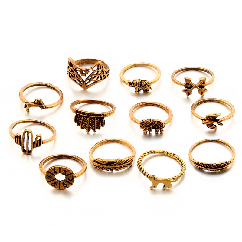 Fashion Eropa Dan Amerika Vintage Paduan Set Daun Rubah Gajah Cincin12Cincin