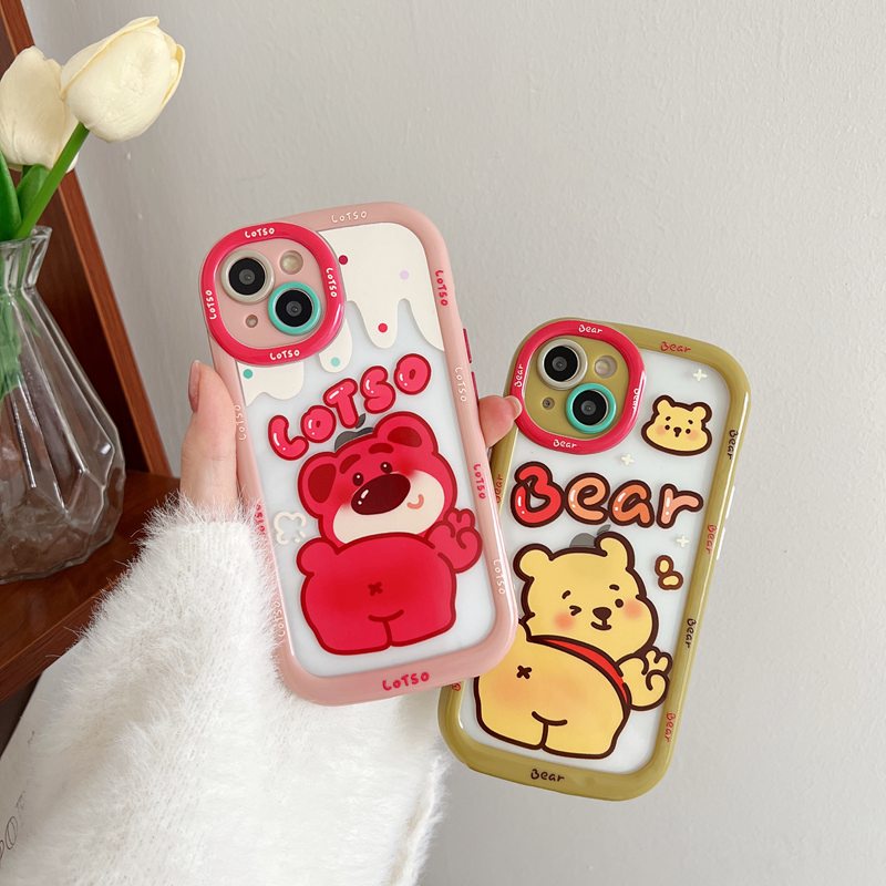 Cute Bears Puff Casing HP iPhone 11 12 13 14 Pro Max14 Plus Hadiah Teman Pink Lucu Wanita Soft Casing Cover Winnie Strawberry Bear