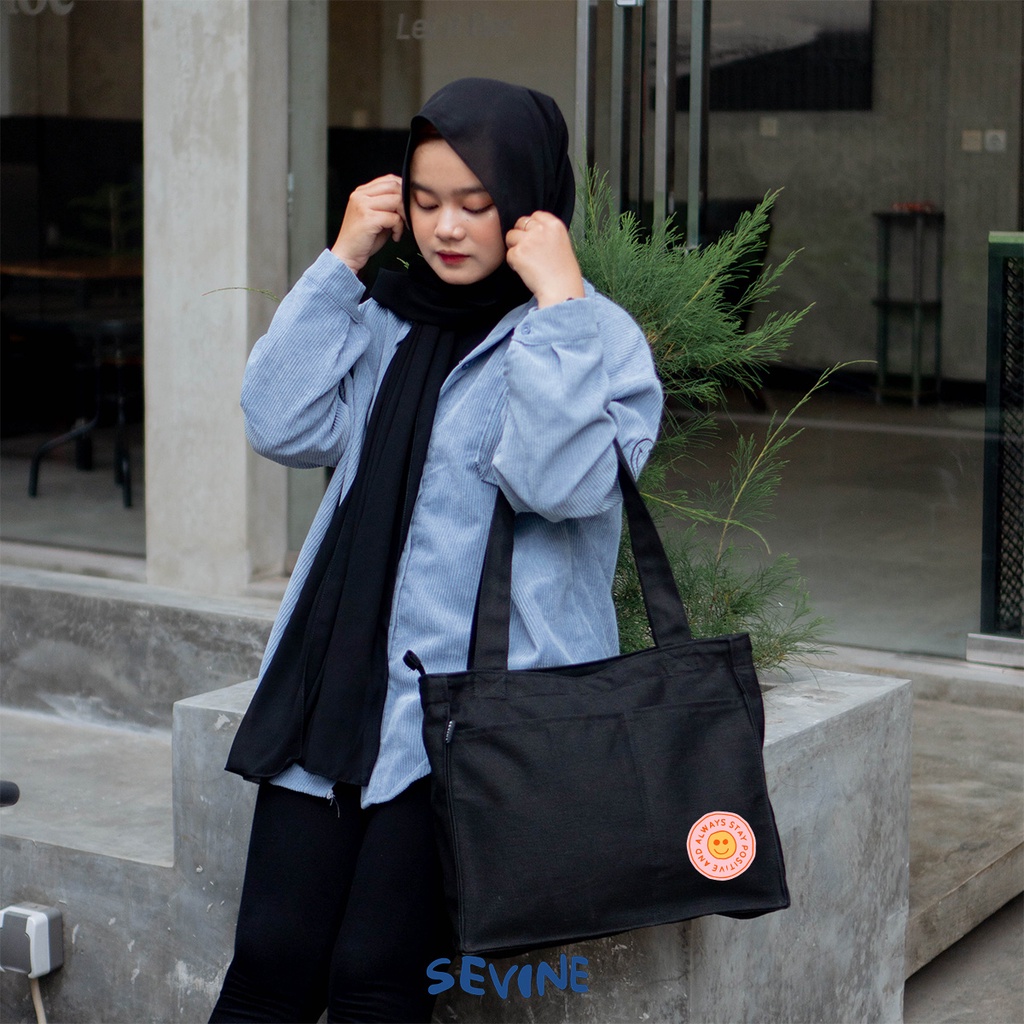 Sevine Totebag Kanvas Rebecca Tas Wanita Tote Bag Kuliah Sekolah Sekat Laptop Hitam Elegan Aesthetic - WK