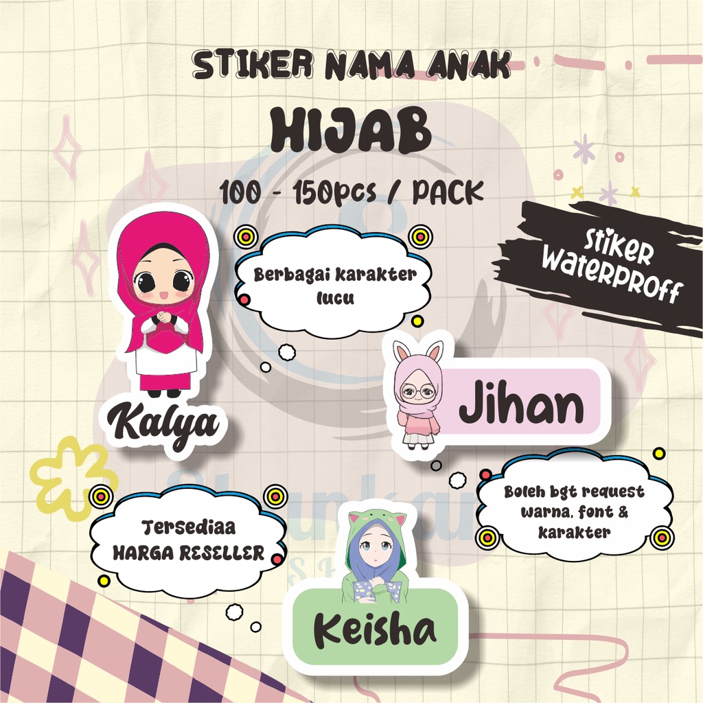 

( 100-150pcs) Stiker Nama TEMA HIJAB / Stiker Waterproof / Stiker Barang Sekolah / Stiker Efek Hologram