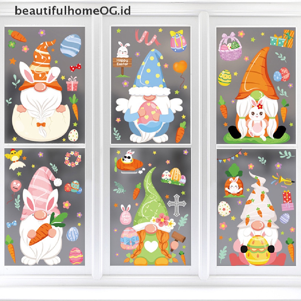 // Beautifulhomeog.id// 1Pc Stiker Jendela Kaca Happy Easter Colorful Bunny Eggs Wall Stickers 20x30cm **