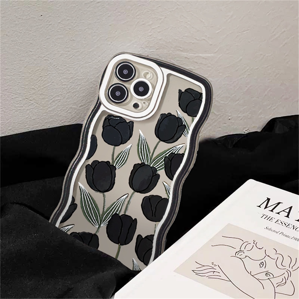 Soft Case OPPO A17 A57 2022 A16 A16K A15 A54 A12 A5S A7 A94 A93 A3S A11k A53 A31 A52 A92 A37 F9 A1K A76 A36 5F A9 2020 NFC Hitam Tulip Gelombang Pinggir Fasion TPU Silikon Phone Cover