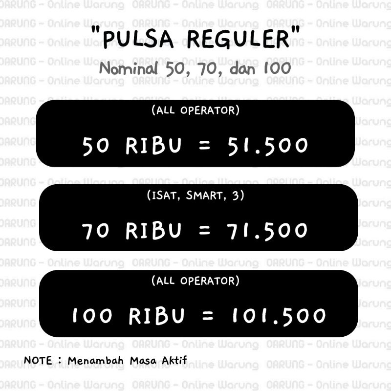 ISI PULSA ELEKTRIK ALL OPERATOR/PULSA REGULER ALL OPERATOR 50 70 100 RIBU