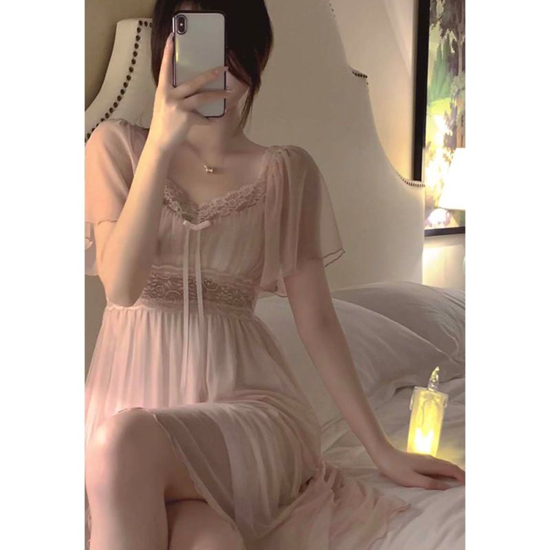 Baju tidur gaya putri manis wanita musim panas baru lengan pendek renda jala jala jaring merah bersi