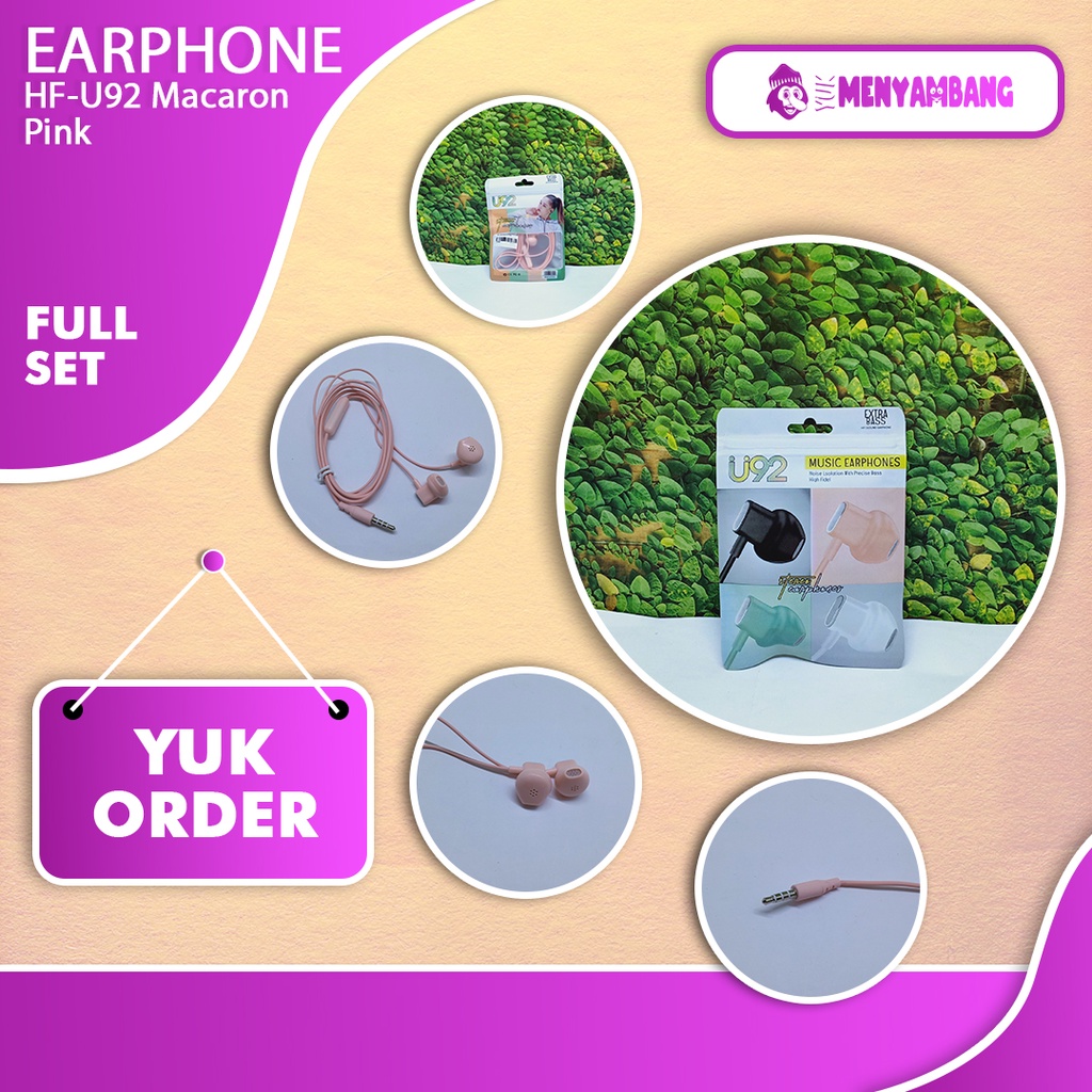 42646 | HF-U92 Macaron Pink | Stereo Music Earphone U92 Extra Bass