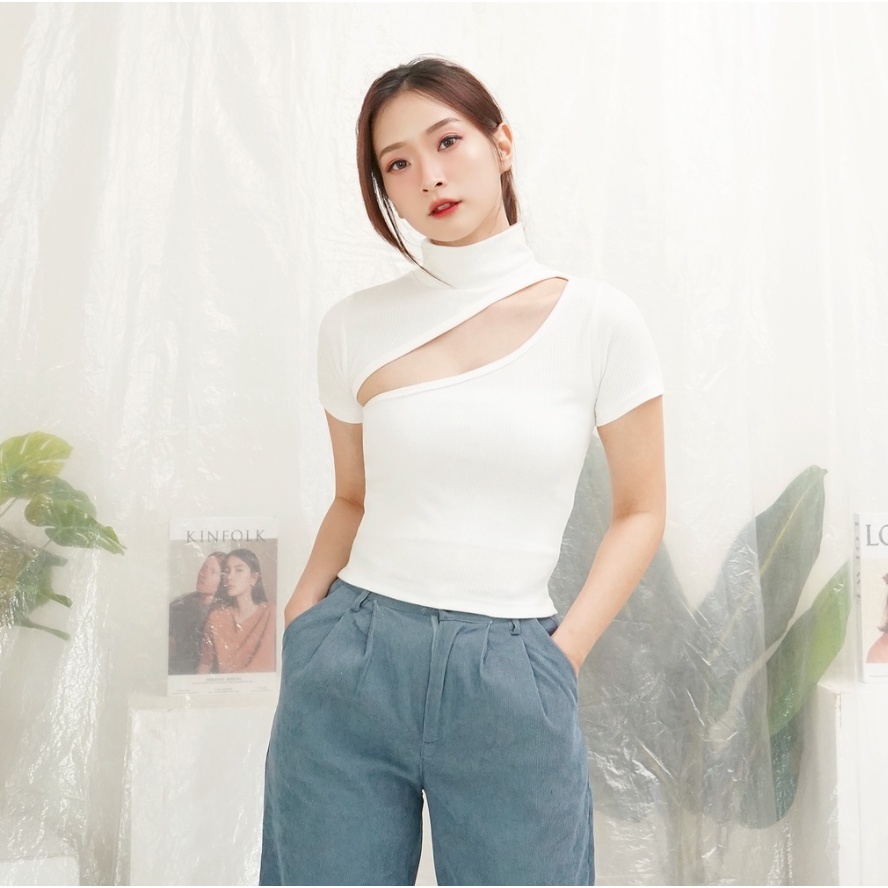 CAVALU Korean Knit Crop Top High Neck Top Korea Rajut Kaos Wanita 200