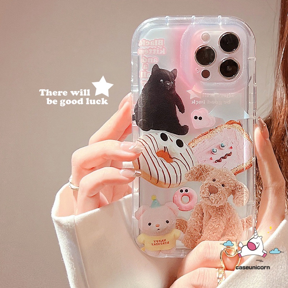 IPHONE Casing Ponsel Airbag Transparan Kompatibel Untuk Iphone11 13 14 12 Pro Max6 6S 7 8 Plus XR X XS MAX Ins Hewan Lucu Stiker Kartun Boneka Beruang Anjing Kucing Shockproof Lembut TPU Penutup Belakang