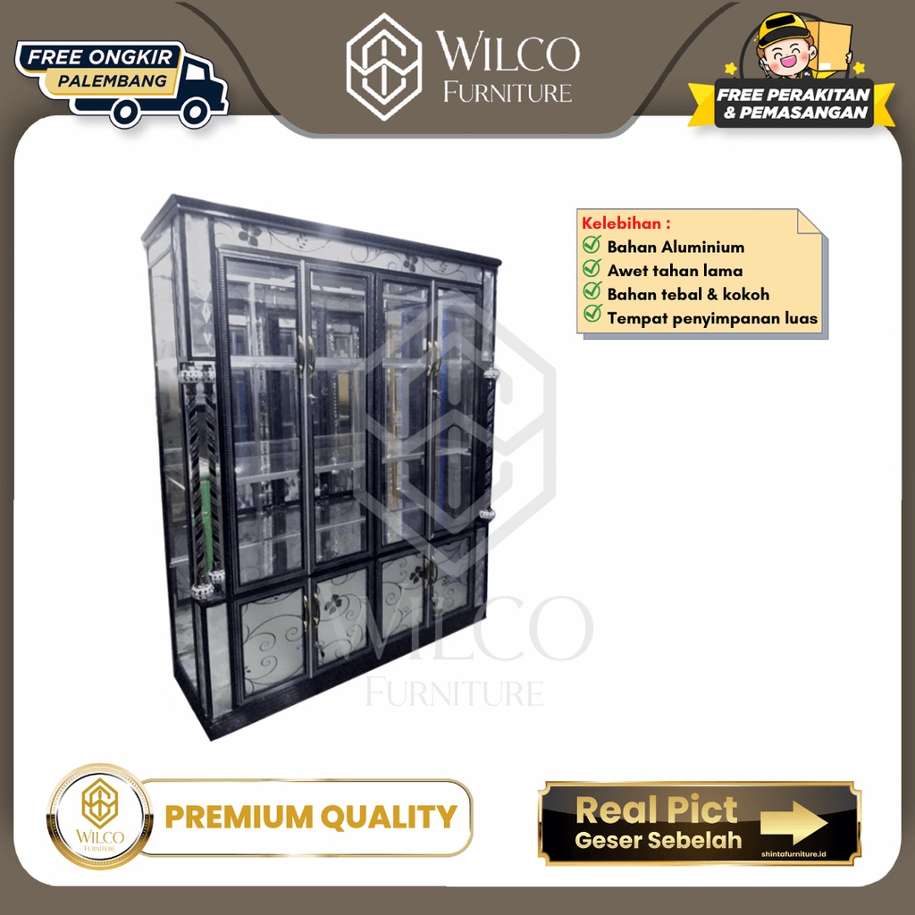 Lemari 4 Pintu Hias Mahkota Stiker Aluminium Lemari Pajangan Alma