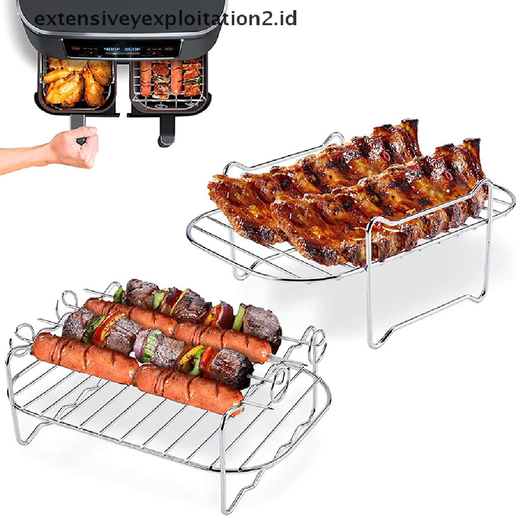 {NEW} 1pc Air Fryer Persegi Panjang Stainless Steel Double-Layer Grill Dehydrator Rack.