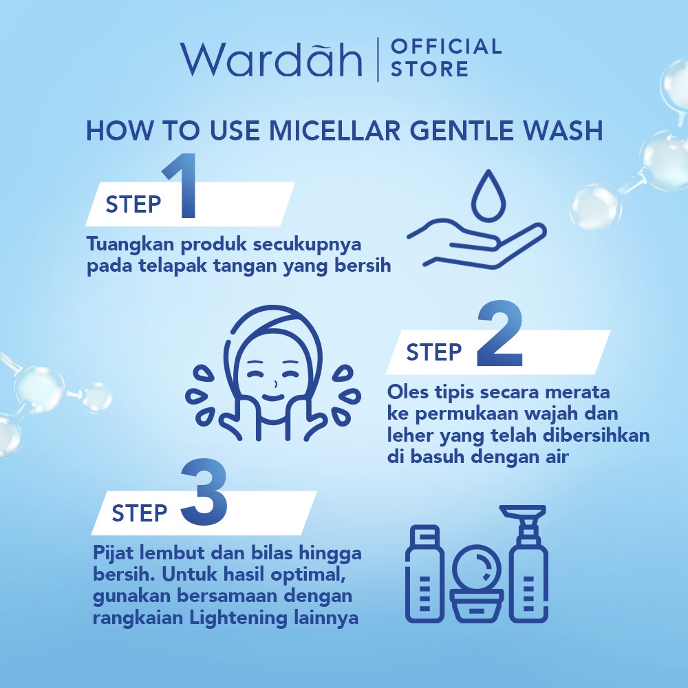 WARDAH Lightening Micellar Gentle Wash Indonesia / Pembersih Wajah 50ml 100ml / Advanced Niacinamide Non Soap Formula With Technology / Gentle &amp; Non Stripping / Facial Foam Cleanser Cleansing Water Makeup Glow Sabun Cuci Muka / Skincare Face Care Series