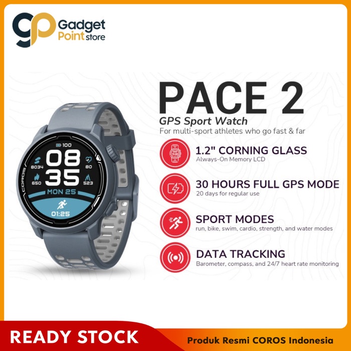 Coros Pace 2 Blue Steel Silicone Premium GPS Sport Watch Smartwatch - Garansi 2 Tahun