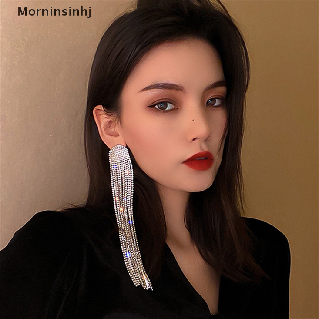 Mornin Rumbai Panjang Penuh Berlian Imitasi Drop Earrings Ovsize Kristal Menjuntai id