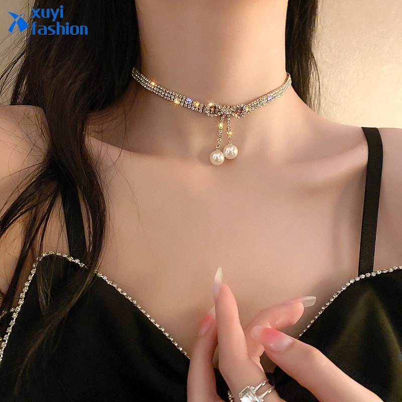 Zirkon Busur Kalung Untuk Wanita Mewah Mutiara Liontin Choker Emas Rantai Aksesoris Perhiasan