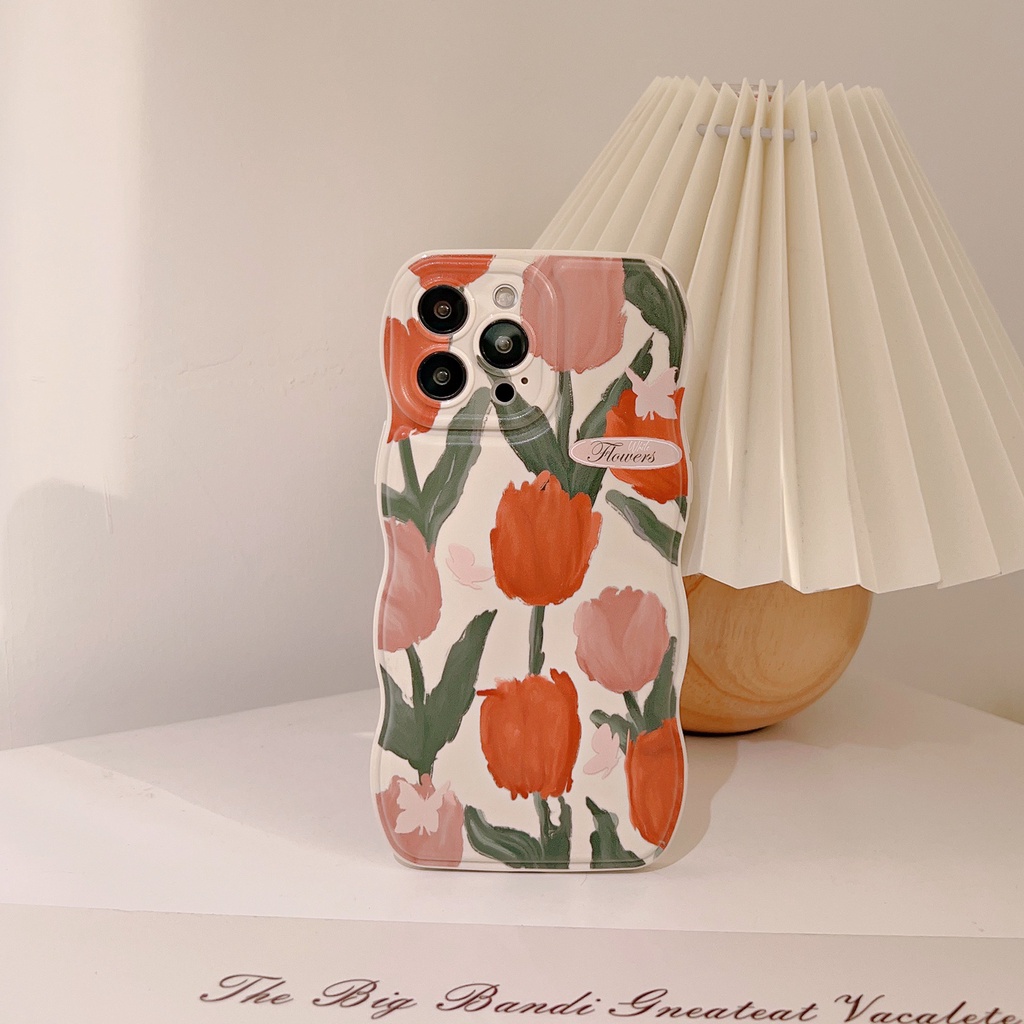 IPHONE Orange Flowers Soft Beige Wave Edge Case Untuk Iphone14 11 12 13 PRO MAX Casing Cover Pelindung AT0017