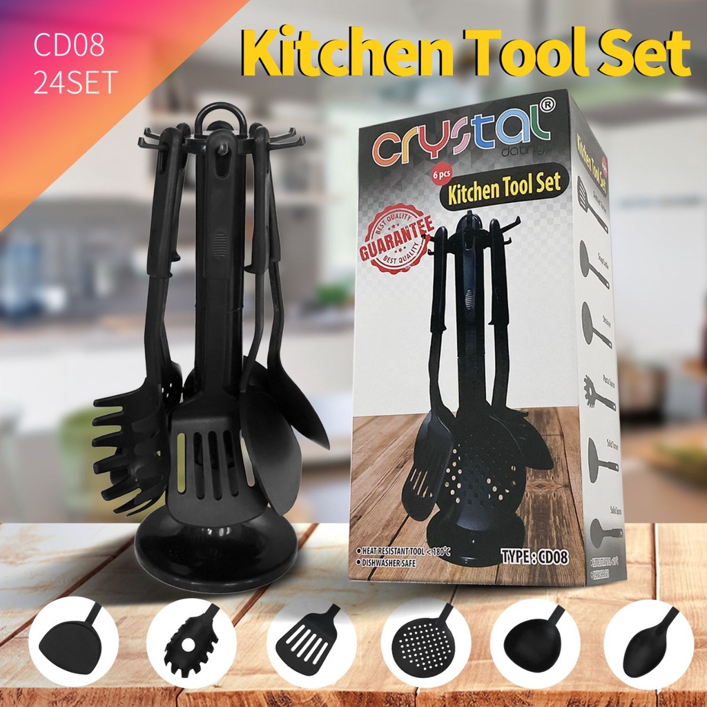 SPATULA KITCHEN TOOL SET 6PCS HITAM TERMASUK GANTUNGAN CRYSTAL - SPATULA GANTUNGAN SET