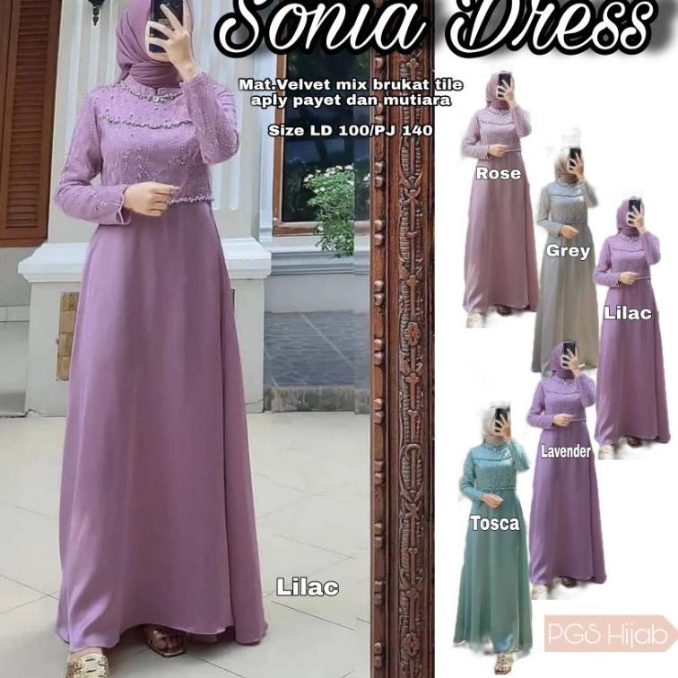 VIRAL Sonia Dress Brukat Warna Lilac Gamis Pesta Dress Kombinasi Gaun Pesta Muslimah Mutiara Brukat 