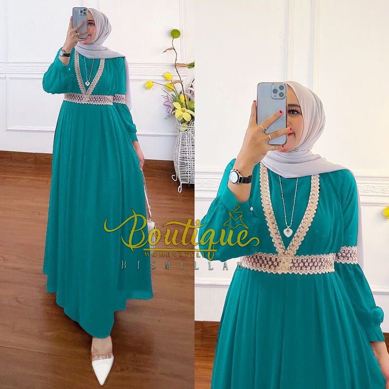 ZUANAR Alaliya Dress Gamis Qaisha Terbaru Lebaran 2022 Size M,L,XL,XXL Wanita Aplikasi Renda Pakaian