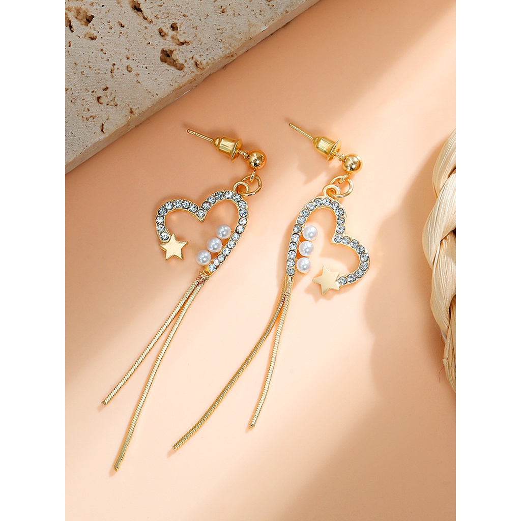 Anting Tusuk Emas Untuk Wanita Elegan Berongga Hati Drop Rumbai Earring Fashion Aksesoris Perhiasan